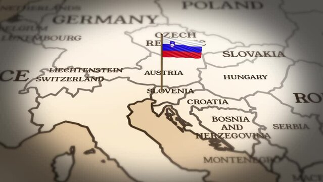 Slovenia flag showing on world map with 3d rendering