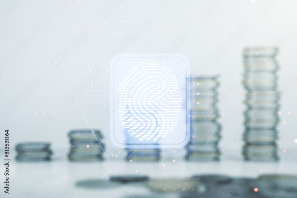 Poster multi exposure of virtual graphic fingerprint sketch on coins background, fingerprint scan data conc