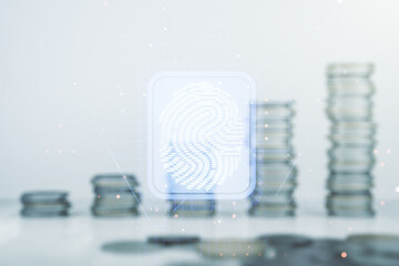 Multi exposure of virtual graphic fingerprint sketch on coins background, fingerprint scan data...