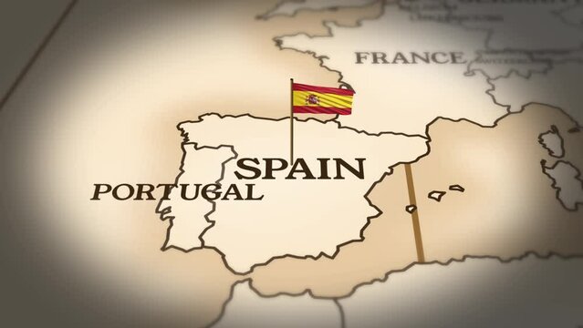Spain flag showing on world map with 3d rendering