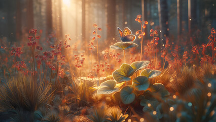 A Majestic Butterfly Rests Amidst Lush Forest Flora, Illuminated by the Warm, Ethereal Light of Sunset