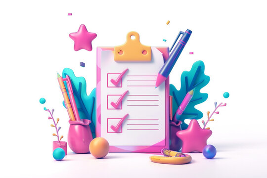 3d checklist with check marks in a minimalistic cartoon style concept of planning, doing assignments, exam or testing vector