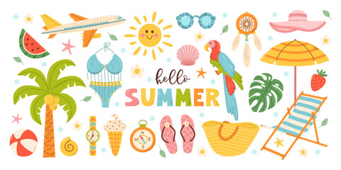 Set cute summer beach elements. Vacation accessories for sea holidays. Cartoon vector illustration