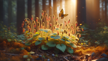 A Majestic Butterfly’s Flight Among Blooming Wildflowers in the Enchanted Tranquil Forest