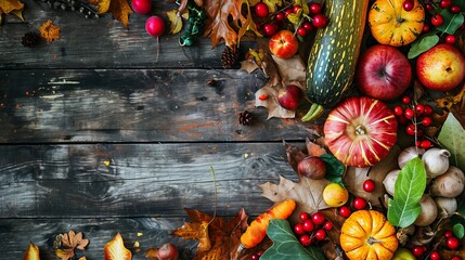 Harvesting Abundance: Vibrant Autumn Background with Rustic Display of Fallen Leaves, Fresh Fruits,