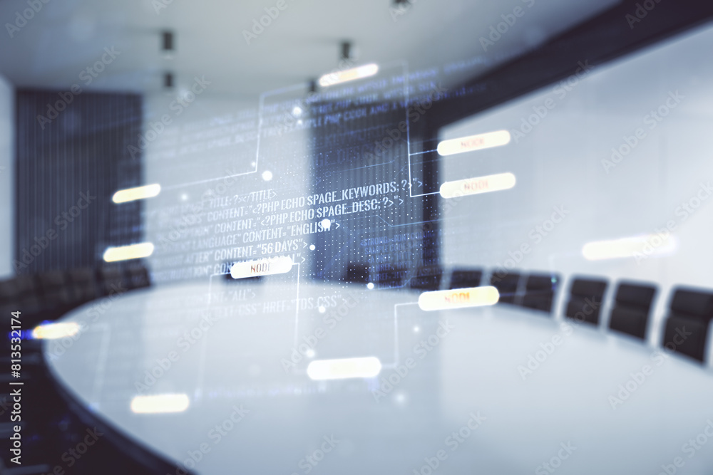 Aufkleber multi exposure of abstract software development hologram on a modern meeting room background, resear