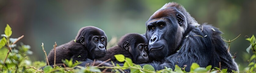 Obraz premium Watchful Silverback Patriarch Overseeing Peaceful Gorilla Family in Natural Habitat