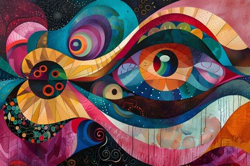 Colorful Abstract Eyes Mosaic Artwork,A captivating mosaic of eyes created with a vibrant palette and intricate patterns, blending abstract and figurative elements in a harmonious design.