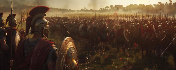 Ancient roman warriors on the battlefield, Roman Empire army at war, generated ai