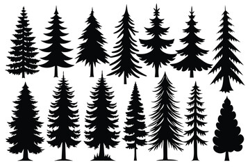 Set of Pine Tree Silhouettes black Silhouette Design with white Background and Vector Illustration on white background