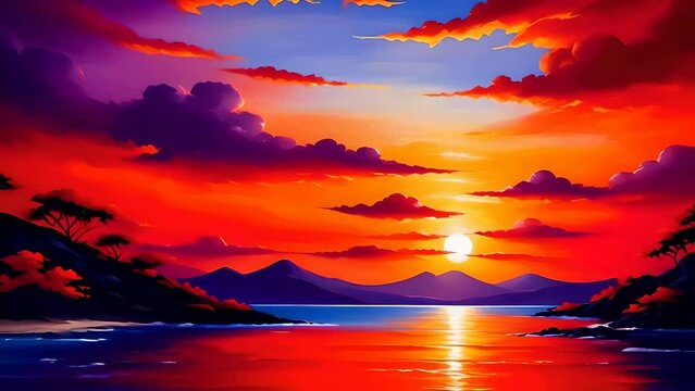 painting art red sunset. illustration animation. 
