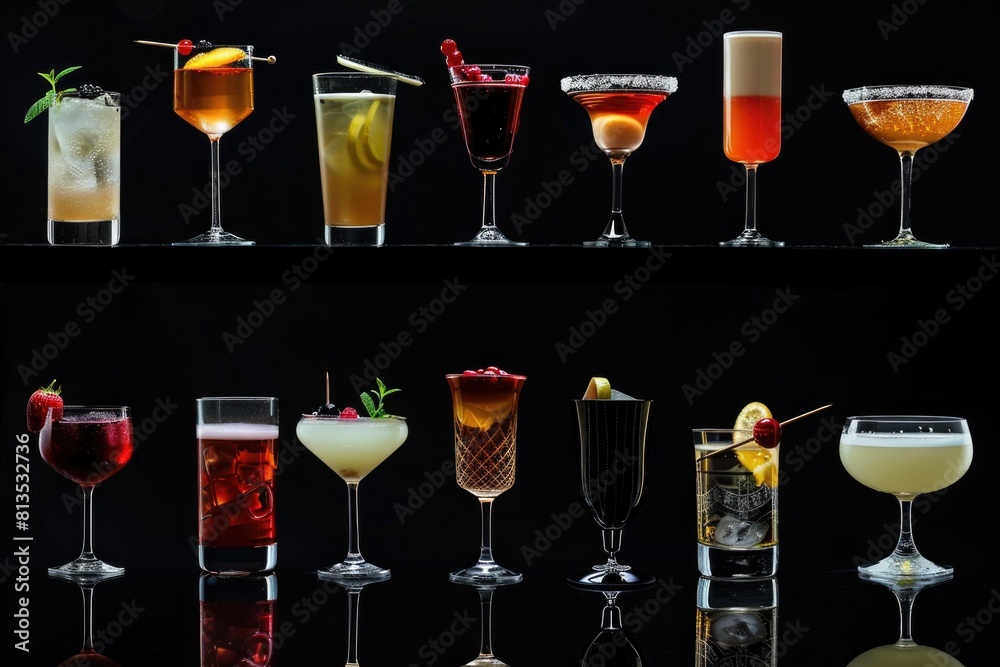 Fototapete a selection of colorful cocktails displayed on a shelf. ideal for bar menus or party invitations
