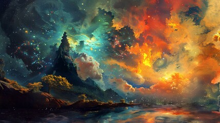 Fototapeta na wymiar Vivid-Landscape-Dreamscape,sunset, colorful sky, surreal, fantasy world, digital art, moon, 