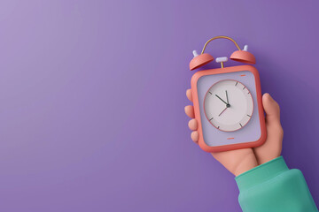 3d hand holding mobile phone, alarm clock meeting reminder planning concept Cartoon creative design icon isolated on purple background 3D rendering 