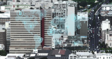 Image of digital interface over cityscape
