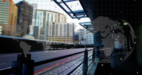 Image of online security padlock over data processing and empty office