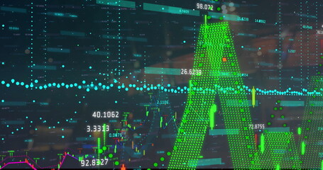 Image of financial data processing over cityscape