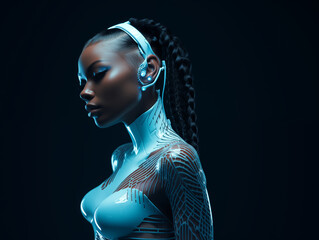 Ebony model with futuristic fashion led design, generated ai