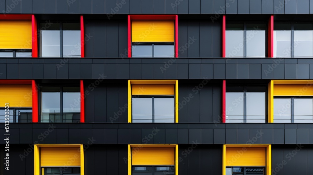 Poster a black building with striking yellow and red windows. suitable for architectural and urban themes