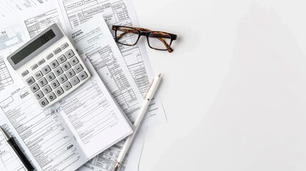 A desk with calculator, eyeglasses, and various tax forms spread out Essential tools for financial planning and tax preparation
