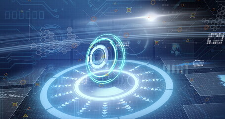 Image of processing circles and data on digital screens on navy background