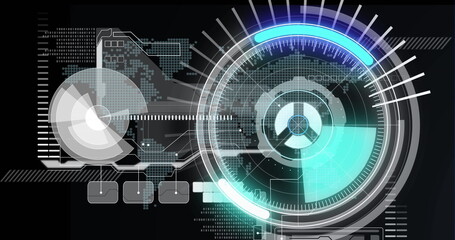 Image of scope scanning and data processing over diverse group of businesspeople