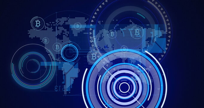 Image of globe, bitcoin, processing circles and world map on navy background