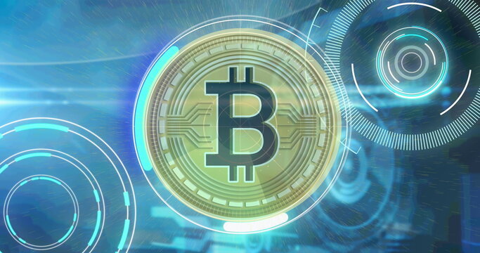 Image of processing circles and bitcoin on navy background