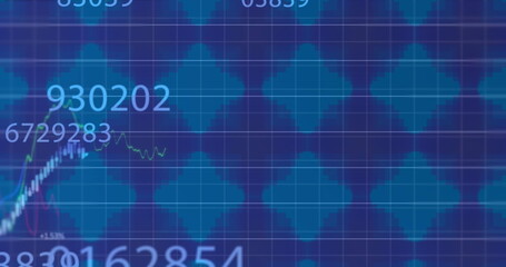 Image of financial graph and numbers on blue background