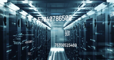 Image of numbers and data processing over computer servers