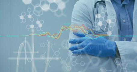Mid section of male doctor against dna structure and medical worker at hospital