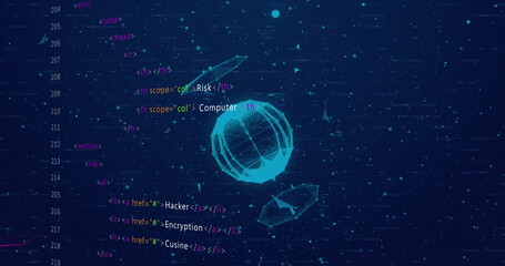 Image of digital dots connecting with lines and forming globe against programming language