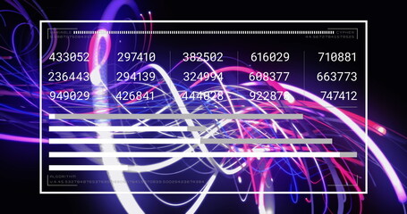 Image of digital interface with changing numbers and graphs against illuminated light stripes