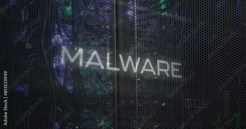 Poster image of malware text over data processing and computer motherboard and servers
