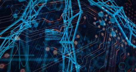 Image of abstract structure, data and molecules over circuit board pattern in background