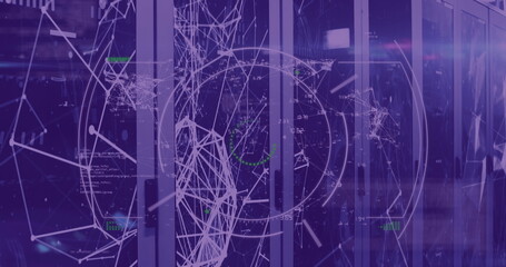 Image of sales text with network of connections over server room