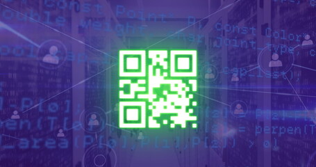 Image of qr code with network of connections and data processing over server room