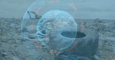Image of globe with statistics and data processing over bulldozer in wasteland