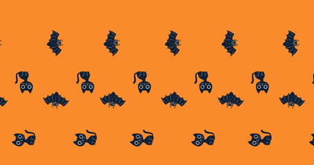 Witches and bats are repeating across orange background