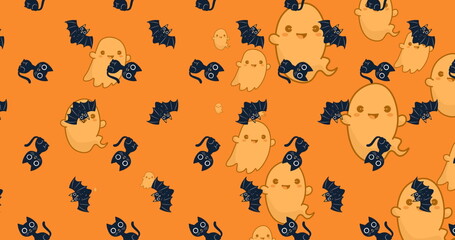Image of halloween ghost, cat and cat pattern on orange background