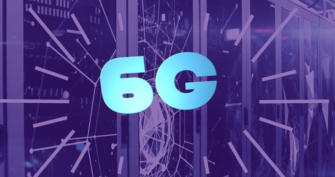 Image of 6g text with network of connections over server room