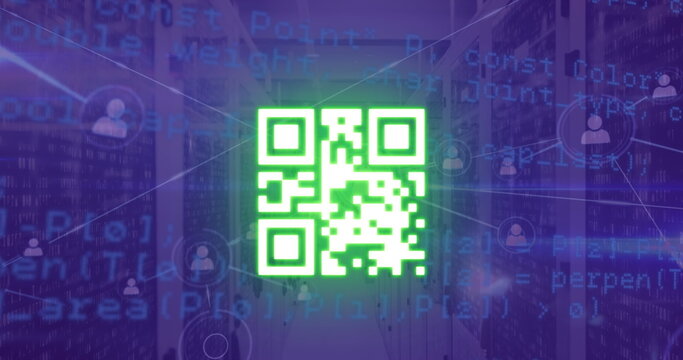 Image of qr code with network of connections and data processing over server room