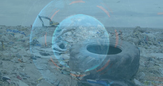 Image of globe with statistics and data processing over bulldozer in wasteland - Powered by Adobe