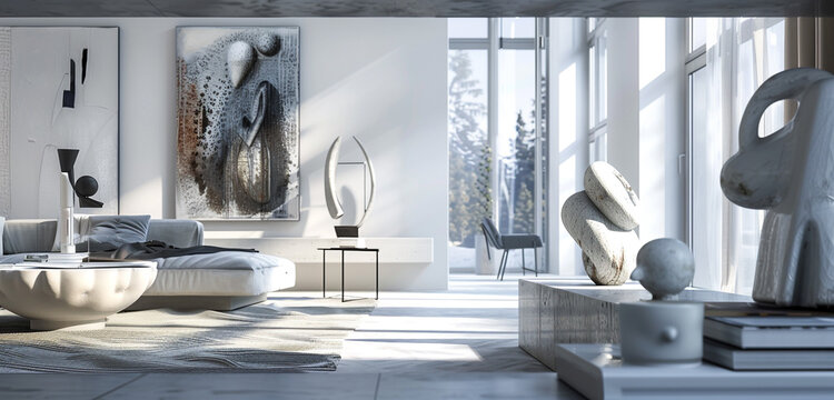 Modern Scandinavian living room with a focus on art and culture, featuring elegant sculptures and a subtle color palette.