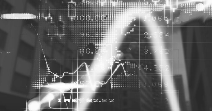 Image of graphs, dots forming maps and trading board over low angle view of buildings