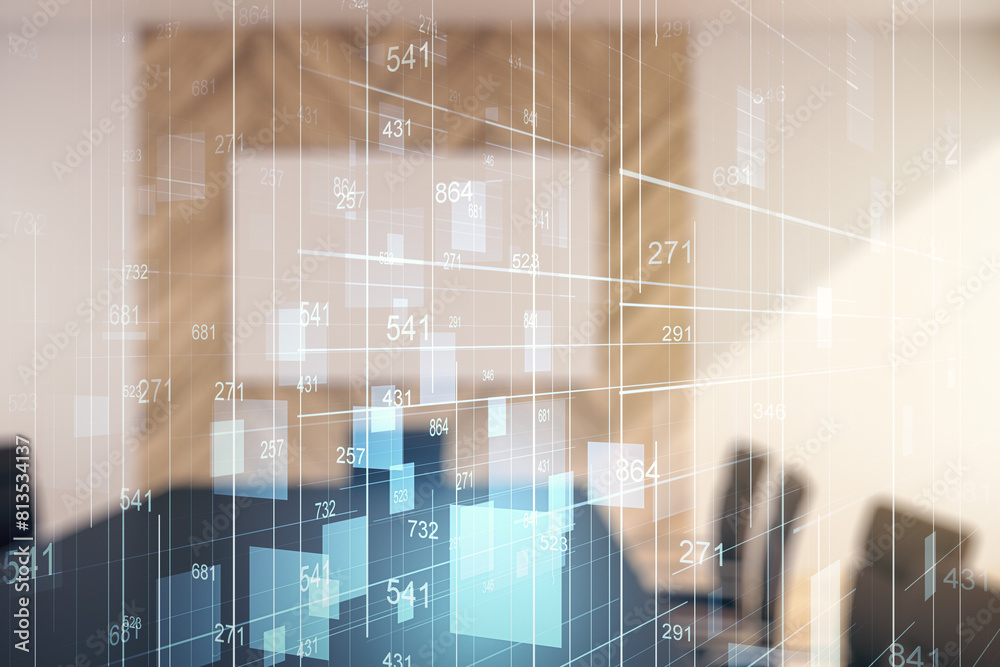 Poster abstract virtual analytics data spreadsheet on a modern coworking room background, analytics and ana