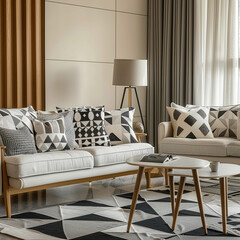 Modern Scandinavian living room with geometric patterns on textiles, paired with simple and elegant furniture.