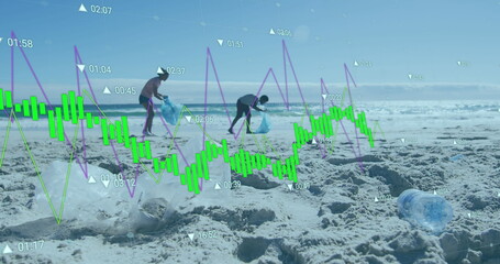Image of statistics and financial data processing over volunteers cleaning beach