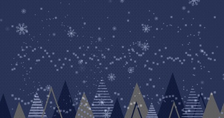 Image of falling snow over forest on dark background
