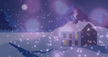 Snow falling gently on cozy house nestled in snowy landscape